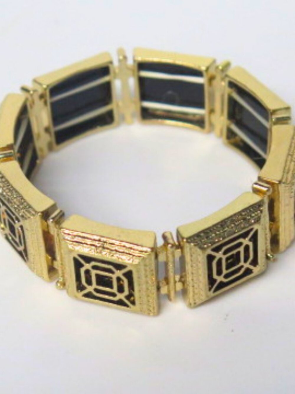 Vintage Style Gold Tone Black Enamel Geometric Stretch Statement Bracelet
